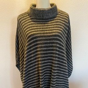 Cowl neck, dark gray & light gray striped sweater.